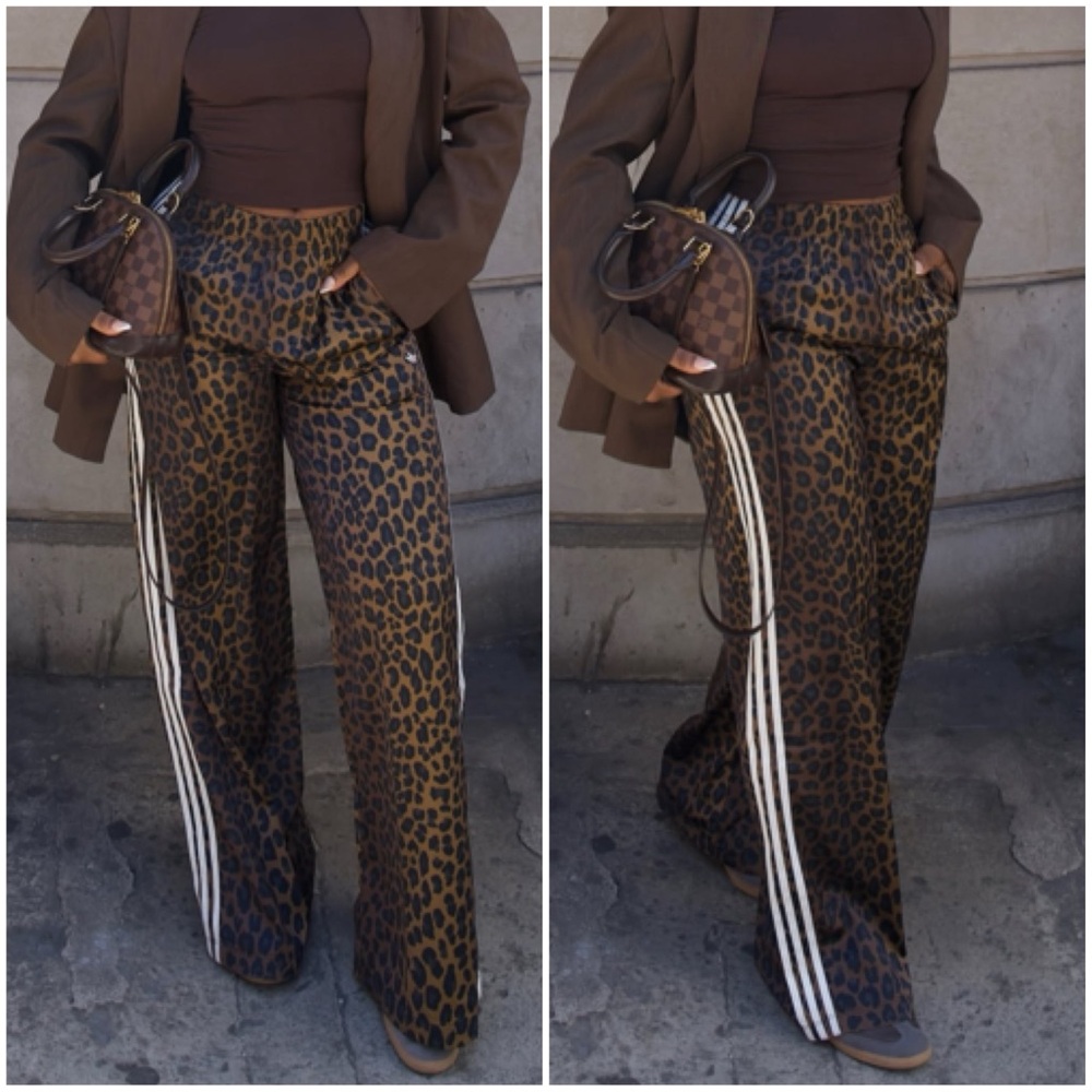NEW Satin adidas Brown Leopard Wide-Leg Pants with White Stripes
